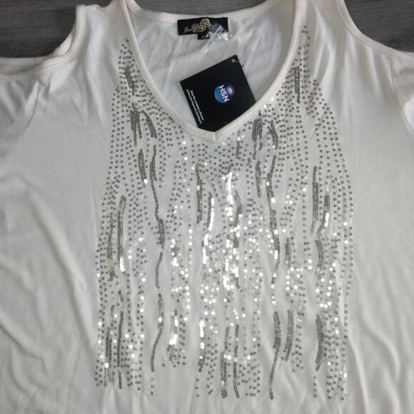 NWT Joan Boyce 2 Piece Outfit Cream Cold Shoulder Top Pants 2 XL - Picture 4 of 14